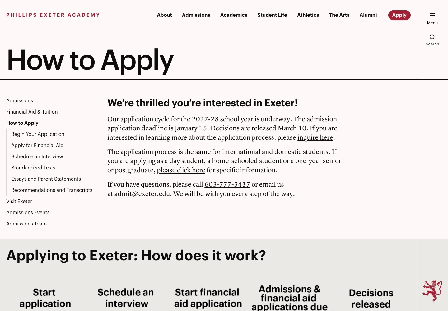 Phillips Exeter Academy: страница How to Apply с боковым оглавлением и этапами поступления